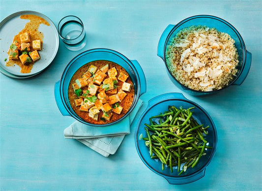 Soy Glazed Green Beans, Tofu Curry and Coconut Rice
