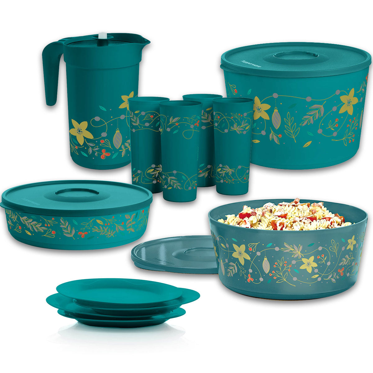 Tupperware® Holiday Holly Serving Set | Bowls, Plates, Tumblers & Pitcher