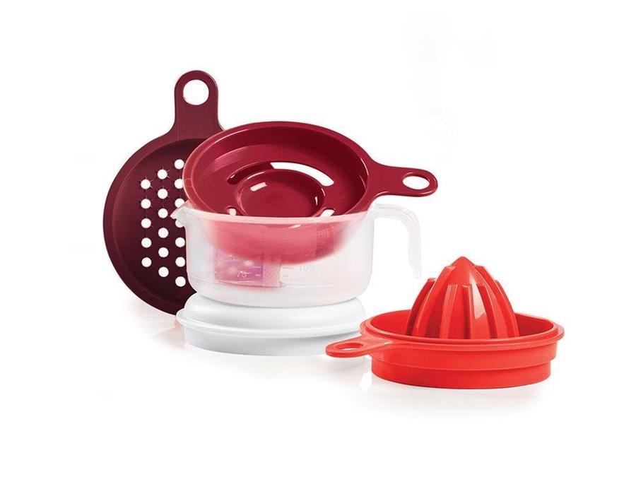 tupperware all in one mate red with cover measuring cup grater and juicer on white background