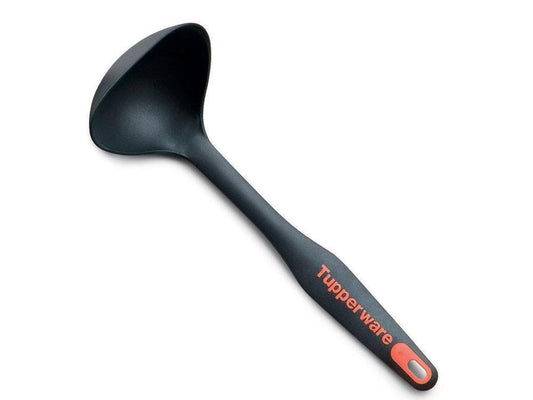 Black Tupperware ladle flatlay at an angle with a orange tupperware logo on a white background