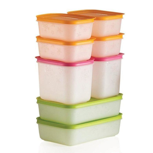 Stack of multicolored tops of tupperware freezer mates plus 8 piece starter set