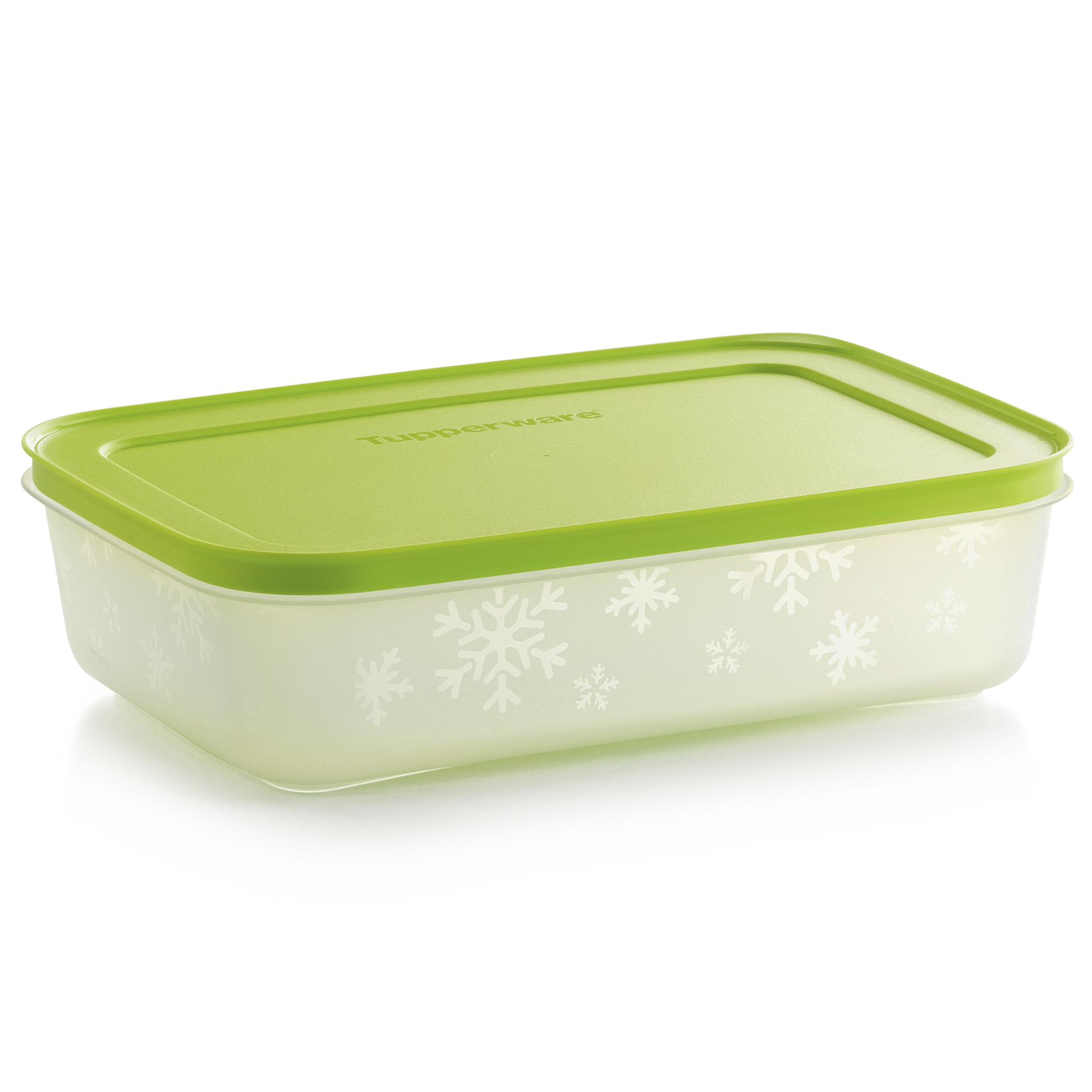 Tupperware Freezer mates Plus medium shallow with green top and snowflakes on outside of container