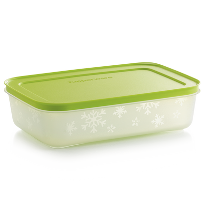 Tupperware Freezer mates Plus medium shallow with green top and snowflakes on outside of container